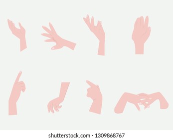 Various gestures of human hands isolated on a white background. Vector flat illustration of female hands in different situations. Vector design elements for info graphic, web, internet, presentation