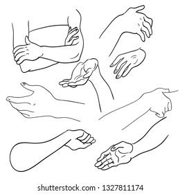 	
Various gestures of human hands isolated on a white background. Vector flat illustration of female hands in different situations. Vector design elements for infographic, web, internet, presentation.