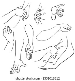 Various gestures of human hands isolated on a white background. Vector flat illustration of female hands in different situations. Vector design elements for infographic, web, internet, presentation.