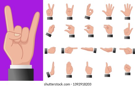 Varios gestos de manos humanas aisladas en un fondo blanco. Imagen plana vectorial de las manos masculinas en diferentes situaciones. Elementos de diseño de vectores para infografía, web, internet, presentación.