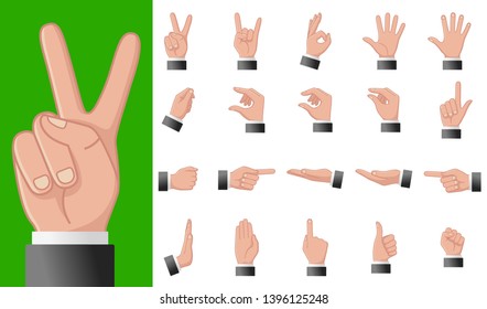 Various gestures of human hands isolated on a white background. Vector flat illustration of female hands in different situations. Vector design elements for infographic, web, internet, presentation.