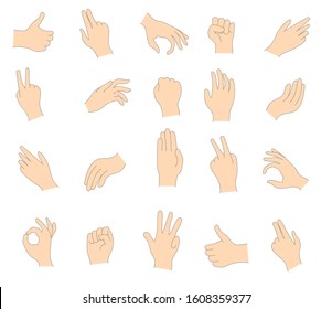 Various gestures of human hands isolated on a white background. Set of palms showing various gestures. Palm pointing at something. Vector illustration of female and male hands. EPS 10.