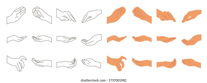 Various gestures of human hands isolated on a white background. Hand hold, Hand open and use Gel bottle or alcohol gel bottle, Vector design elements for infographic, ads, interactive and website. 