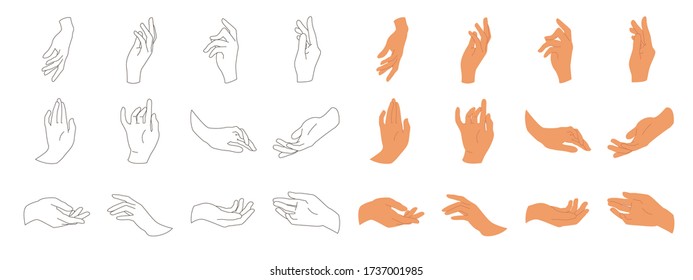 Various gestures of human hands isolated on a white background. Hand hold, Hand open and use Gel bottle or alcohol gel bottle, Vector design elements for infographic, ads, interactive and website. 