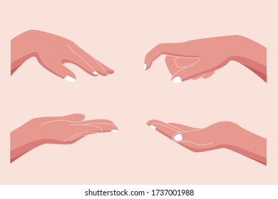 Various gestures of human hands isolated on a white background. Hand hold, Hand open and use Gel bottle or alcohol gel bottle, Vector design elements for infographic, ads, interactive and website. 