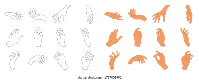 Various gestures of human hands isolated on a white background. Hand hold, Hand open and use Gel bottle or alcohol gel bottle, Vector design elements for infographic, ads, interactive and website. 