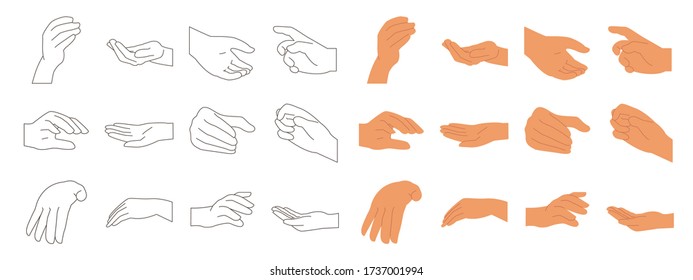 Various Gestures Of Human Hands Isolated On A White Background. Hand Hold, Hand Open And Use Gel Bottle Or Alcohol Gel Bottle, Vector Design Elements For Infographic, Ads, Interactive And Website. 
