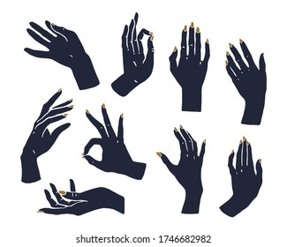 Various gestures of human hands isolated on a white background. Vector flat illustration of female hands in different situations. Vector design elements for infographic, web, internet, presentation.
