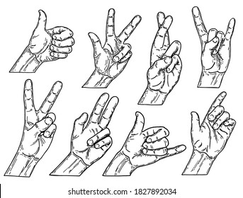Various gestures of human hands isolated on a white background. Hand gesture collection illustration, drawing, sketch, line art, vector. Design elements for infographic, web, internet, presentation.