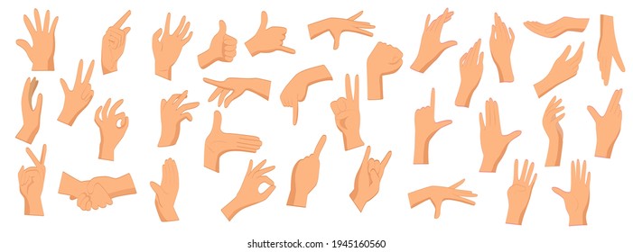 Various gestures of human hands isolated on a white background. Different human finger gesture signs collection. Vector illustration