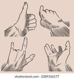 Various gestures of human hands isolated on a pale background. Vector engraved illustration of male hands in different situations. Vector design elements for infographic, web, internet, presentation.