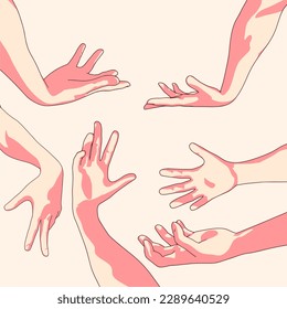 Various gestures of human hands isolated on a white background. Vector flat illustration of hands in different situations. Vector design elements for infographic, web, internet, presentation.