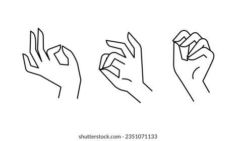Verschiedene Gesten menschlicher Hände einzeln auf weißem Hintergrund. Vektorflache Illustration weiblicher Hände in unterschiedlichen Situationen. Vektordesign-Elemente für Infografik, Web, Internet, Präsentation.