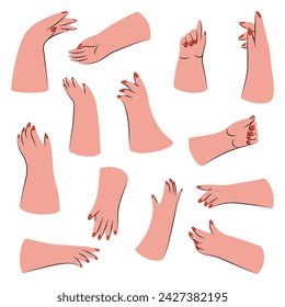 Various gestures of human hands isolated on a white background. Vector flat illustration of female hands in different situations. Vector design elements for infographic, web, internet, presentation.
