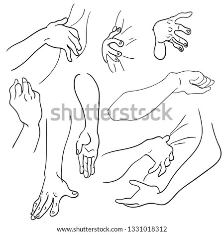 Various gestures of human hands isolated on a white background. Vector flat illustration of female hands in different situations. Vector design elements for infographic, web, internet, presentation.