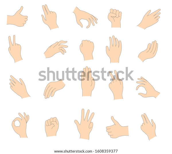 白い背景に人の手のさまざまなジェスチャー 手のひらの組み合わせで 様々な仕草を表す 手のひらが何かを指差している 女性と男性の手の ベクターイラスト Eps10 のベクター画像素材 ロイヤリティフリー