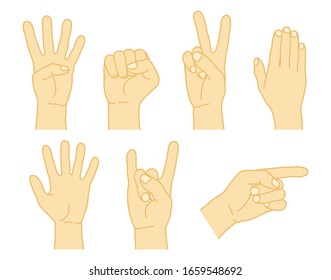 Various gestures of human hands set isolated on a white background. Vector illustration