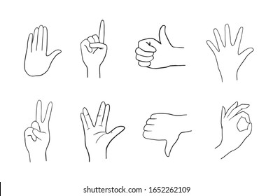 Various gestures of human hands. Vector linear illustration. Vector flat illustration of hands in different situations. Vector design elements for infographics, web, internet, presentation.