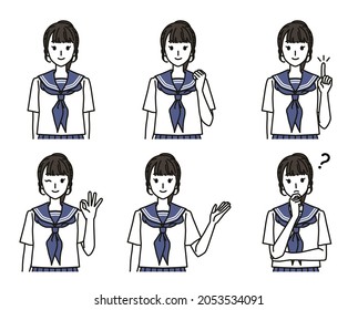 Various gestures of junior high school girls and high school girls wearing sailor school uniform