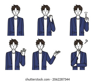 Various gestures of men in office casual coordination