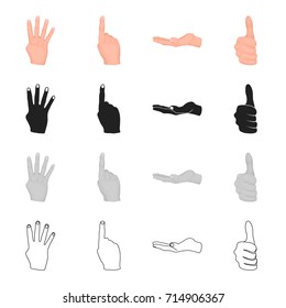 Various gestures with your hands, finger up, open palm and others. Gestures set collection icons in cartoon black monochrome outline style vector symbol stock illustration web.