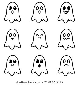Various ghostly figures with different expressions on white background