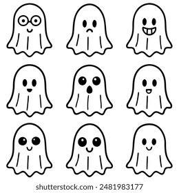 Various ghosts with different expressions on a white backdrop