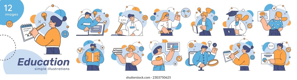 Various giant people in education, cartoon style characters with pencils doing marks, investigating sites and searching for new ideas, writing, creating, design, blogging concept