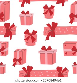 Various gift box in soft tones, arranged on a white background. A seamless pattern featuring, ideal for decor and textile design. Graphic pattern for fabric, wallpaper, packaging.