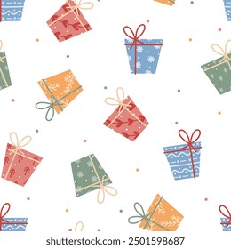 Various gift boxes cute hand drawn seamless pattern. Colorful vector illustration. Fun abstract background for wrapping paper, packaging, fabric, wallpaper, textile, cover, apparel.