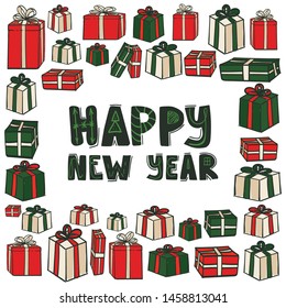 Various gift boxes and greeting Happy New Year lettering text.