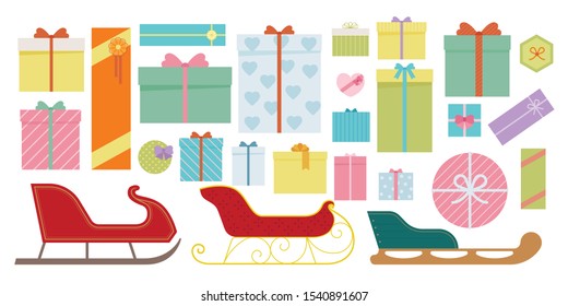 Various gift boxes and Santa's sleigh. flat design style minimal vector illustration.