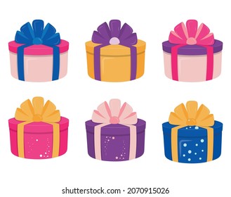 Various gift boxes set. Flat style colorful wrapped round shape gift boxes vector illustration. Cartoon presents with different shapes, ribbons, bows and decorations isolated on white background.