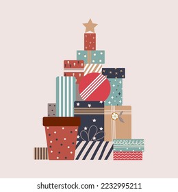 Various gift boxes stacked in Christmas tree shape. Collection of holiday presents. Happy holidays, New Year. Shopping, sale, greeting card illustration.