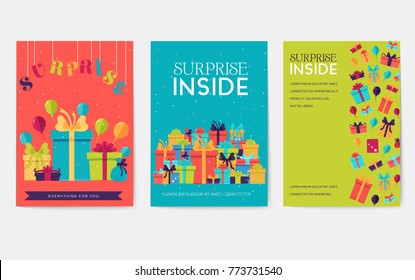 colorful covers with various gift day vector brochure cards set. Present  template of flyear, magazines, poster, books, banners. Happy birthday invitation concept. Layout modern page