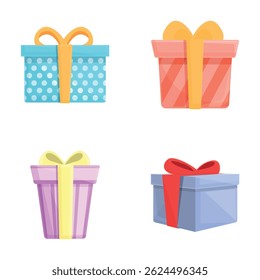 Various gift icons set cartoon vector. Colorful gift box with ribbon. Surprise, festive event