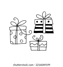 Various gifts and bows. Hand drawn doodles. Collection of simple images of different gift boxes.