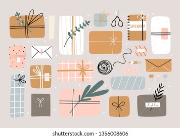 Various gifts and presents. Craft paper, envelopes, boxes, ribbons, branches and other decor elements. Flat design. Hand drawn trendy vector set. Pastel colors. All elements are isolated