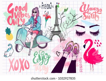 Various girlish objects. Hand drawn vector set. All elements are isolated