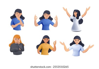 Various girl's poses set. 3D style vector design illustrations. Woman Facial Emotions Set. different symptoms and emptions of stress or happyniess in life