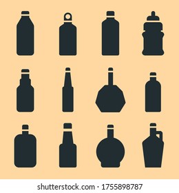 Various glass bottle icon set. For drinks, water, soda, wine, alcohol, beverages.