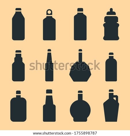 Various glass bottle icon set. For drinks, water, soda, wine, alcohol, beverages.