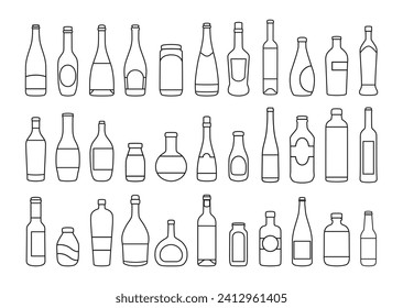 Diversos tipos de botellas de vidrio conjunto de iconos de línea. Concepto de bebidas alcohólicas y otras botellas de bebidas. Colección de iconos de esquema. Arte de línea vectorial aislado en un fondo blanco. 