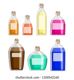 various glass bottles. chemical glassware icon set. The test tube beaker flask