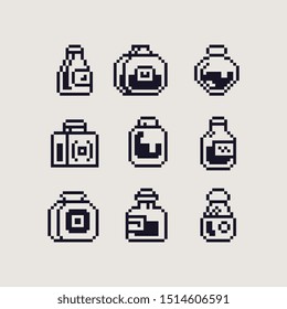 Verschiedene Glasflaschen mit Flüssigkeiten, Parfüm und alkoholischen Getränken sind mit Pixelkunst-Icon einzeln Vektorillustration Illustration. 1-Bit-Sprite. Design für Aufkleber, Stempel, Web, Logo Shop, mobile App.