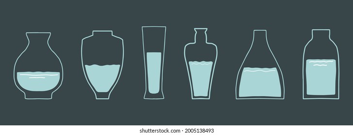 Various glass vases. Various shapes. Hand drawn vector set. Fashionable illustration. All elements are isolated