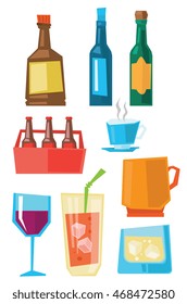 Various glasses and bottles of alcohol and cups of hot beverages vector flat design illustration isolated on white background.