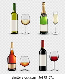 various glasses and bottles of alcohol on transparent background