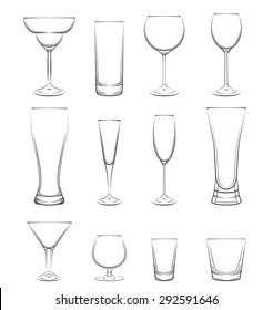 various glasses on black background. glasses for cocktails, wine, vodka, beer and water. everything for the bar and pub.