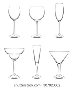 various glasses on black background. glasses for cocktails, wine, vodka, beer and water. everything for the bar and pub.
